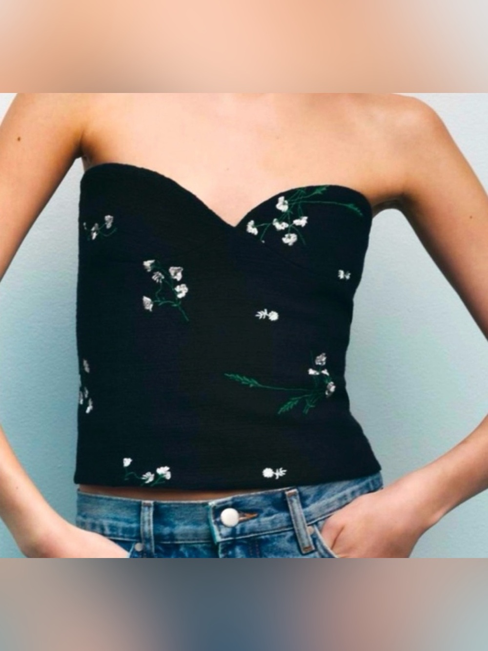 Zara Black Strapless Floral Embroidered Bustier Camisole Sz M